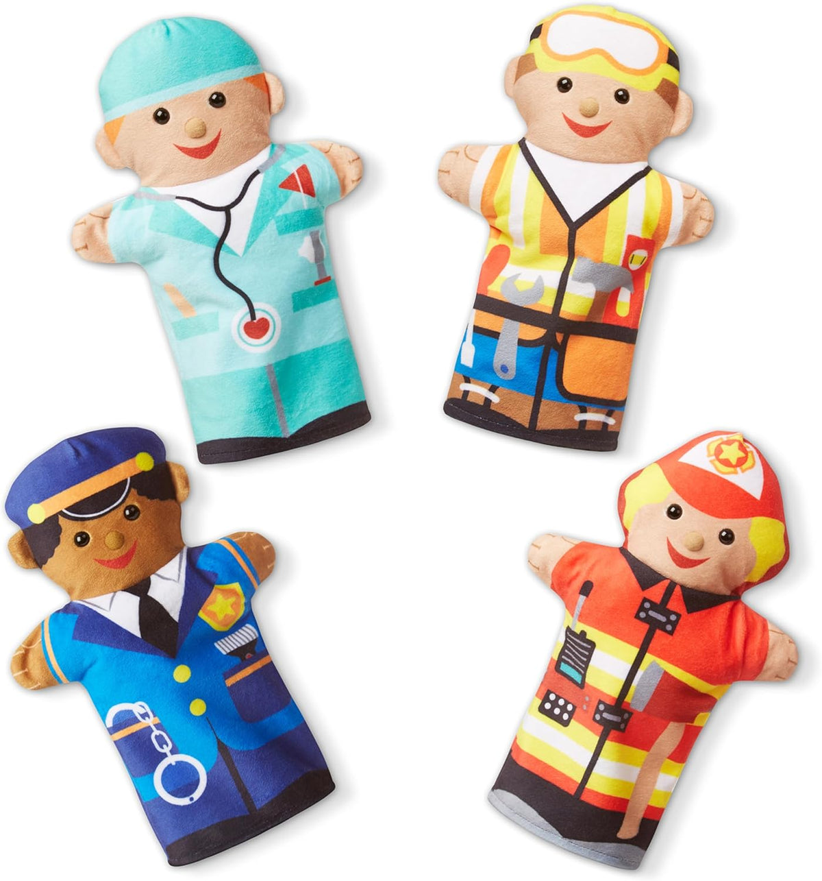 Melissa & Doug Jolly Helpers Hand Puppets (Set of 4) - Construction Worker, Doctor, Police Officer, and Firefighter