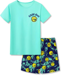 Beezizac Big Boys Pajamas Teal & Navy Face 2-Piece Fun Short Sleeve PJ Set Kid Cozy Sleepwear Children Size 6-18
