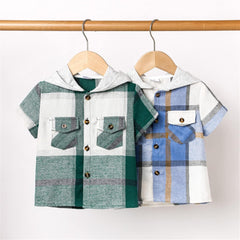 Toddler Baby Boys Plaid Button Down Shirt Short Sleeve Casual Cotton Hoodie Tops with Pockets Kids Tee Summer Clothes