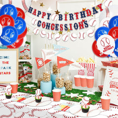 Baseball Party Decorations, Happy Birthday Banner, Concessions Banner Baseball Theme Cake Toppers, Latex Balloons and Tablecloth for Kids Party Sports Birthday Party Supplies