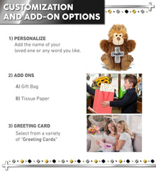 DolliBu Big Foot Hand Puppet Stuffed Animal with Silver Cross and Personalization - Religious Baptism Gifts, Dedication Christening Gifts Plush Prayer Toy Healing Teddy Bear - 10 Inches