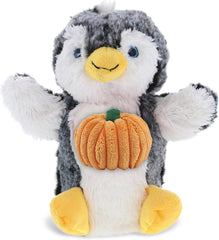 DolliBu Halloween Stuffed Animal Penguin Plush Hand Puppet with Pumpkin - Penguin Stuffed Animal Puppet with Small Pumpkin Plush Perfect Halloween Plush Toys with Name Personalization - 8.5 Inches