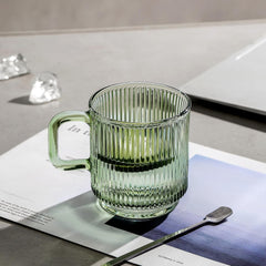 Lysenn Clear Glass Coffee Mug with Lid - Premium Classical Vertical Stripes Glass Tea Cup - for |Latte|Tea|Chocolate|Juice|Water| - Unleaded - Bamboo Lid - 12.5 Ounces