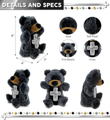 DolliBu Black Bear Hand Puppet Stuffed Animal with Silver Cross and Personalization - Baptism Gifts for Boys and Girls, Dedication Christening Gifts Plush Prayer Toy Healing Teddy Bear - 9 Inches