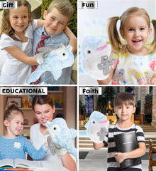 DolliBu Dolphin Hand Puppet Stuffed Animal with Silver Cross and Personalization - Baptism Gifts for Boys and Girls, Dedication Christening Gifts Plush Prayer Toy Healing Teddy Bear - 12 Inches