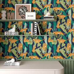 CHIHUT Leopard King Wallpaper Jungle Animal Wallpaper Peel and Stick for Bedroom Nursery 17.7”x100” Removable Decorative Green Leaf Wallpaper Self Adhesive Contact Paper for Cabinets Walls Shelves
