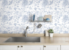 Blue Peel and Stick Wallpaper Floral Wall Paper Boho Embroidered Contact Paper Bedroom Bathroom Wallpaper Navy Blue and White Removable Self-Adhesive Kitchen Wall Decor Vinyl Roll 17.3" x 78"