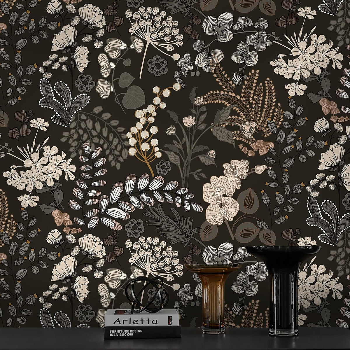 Guvana Peel and Stick Wallpaper Black Floral Wall Paper Vintage Contact Paper Removable Self Adhesive Wallpaper for Bathroom Bedroom Cabinet and Drawer Waterproof (Black Brown) 17.3"×78.7"