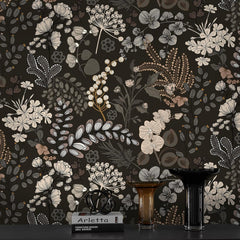 Guvana Peel and Stick Wallpaper Black Floral Wall Paper Vintage Contact Paper Removable Self Adhesive Wallpaper for Bathroom Bedroom Cabinet and Drawer Waterproof (Black Brown) 17.3"×78.7"