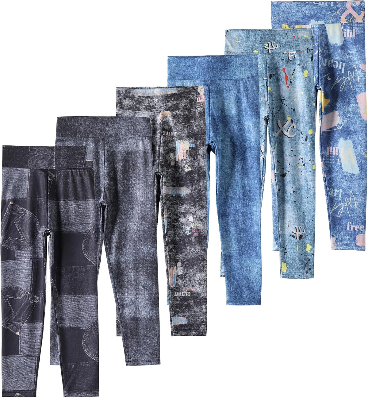 6 Pack Girls Leggings Basic Full Length Leggings for Kids Athletic Pants Girls Imitation Denim Pants