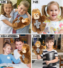 DolliBu Big Foot Hand Puppet Stuffed Animal with Silver Cross and Personalization - Religious Baptism Gifts, Dedication Christening Gifts Plush Prayer Toy Healing Teddy Bear - 10 Inches