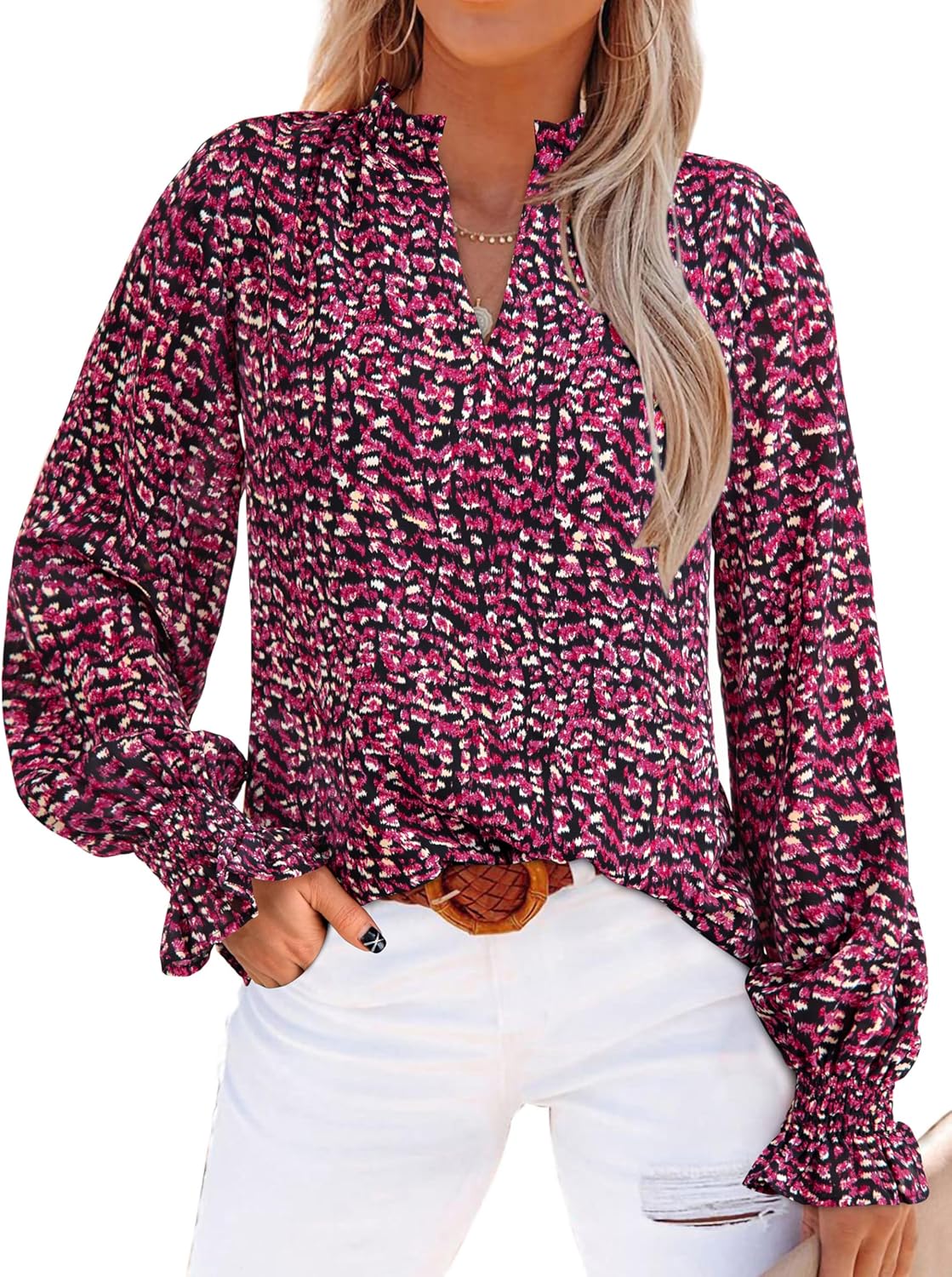 MASCOMODA Womens V Neck Floral Long Sleeve Tops 2025 Summer Casual Loose Puff Sleeve Chiffon Boho Work Blouse Dressy T Shirts