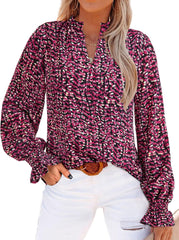 MASCOMODA Womens V Neck Floral Long Sleeve Tops 2025 Summer Casual Loose Puff Sleeve Chiffon Boho Work Blouse Dressy T Shirts