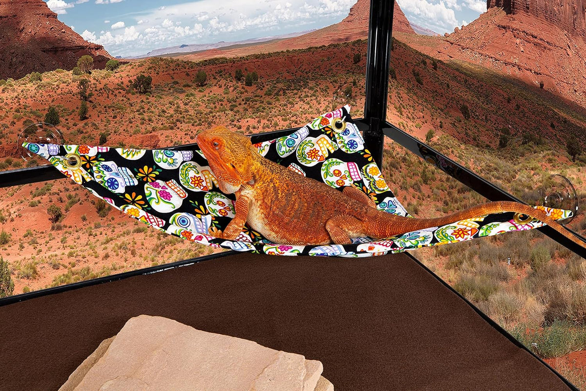 Hammock for Bearded Dragons, Mini Sugar Skulls Fabric with Suction Cup Hooks