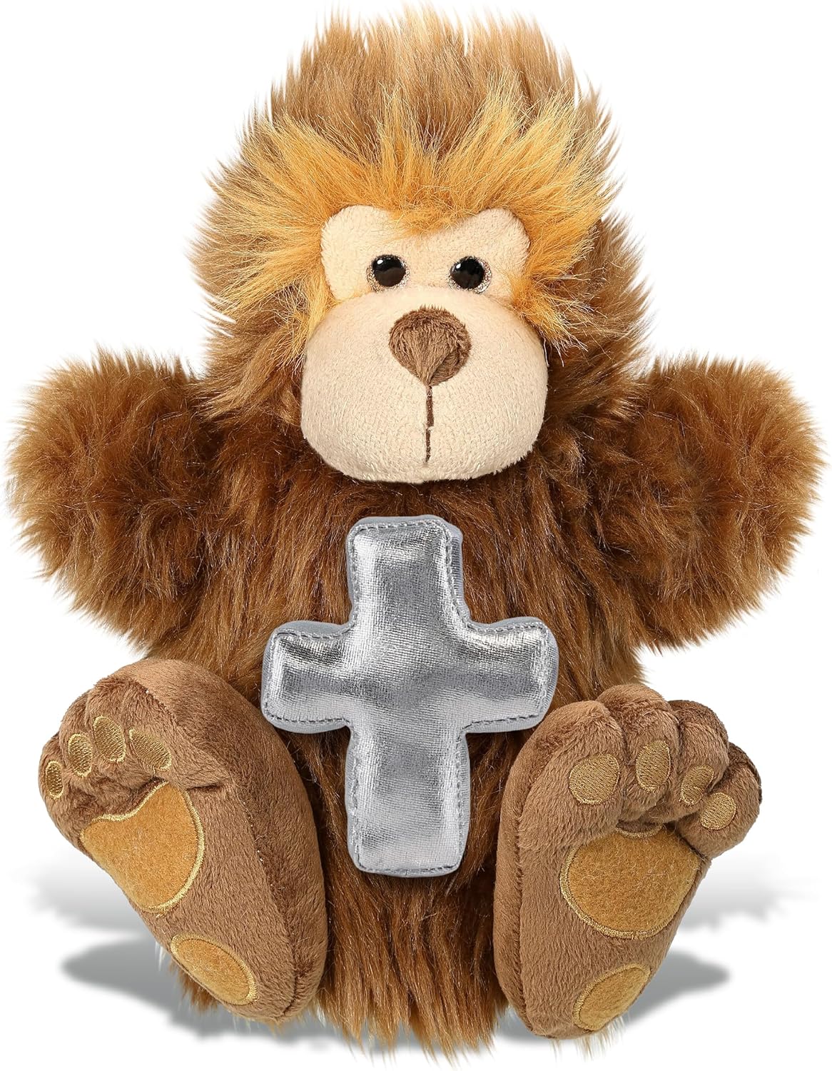 DolliBu Big Foot Hand Puppet Stuffed Animal with Silver Cross and Personalization - Religious Baptism Gifts, Dedication Christening Gifts Plush Prayer Toy Healing Teddy Bear - 10 Inches